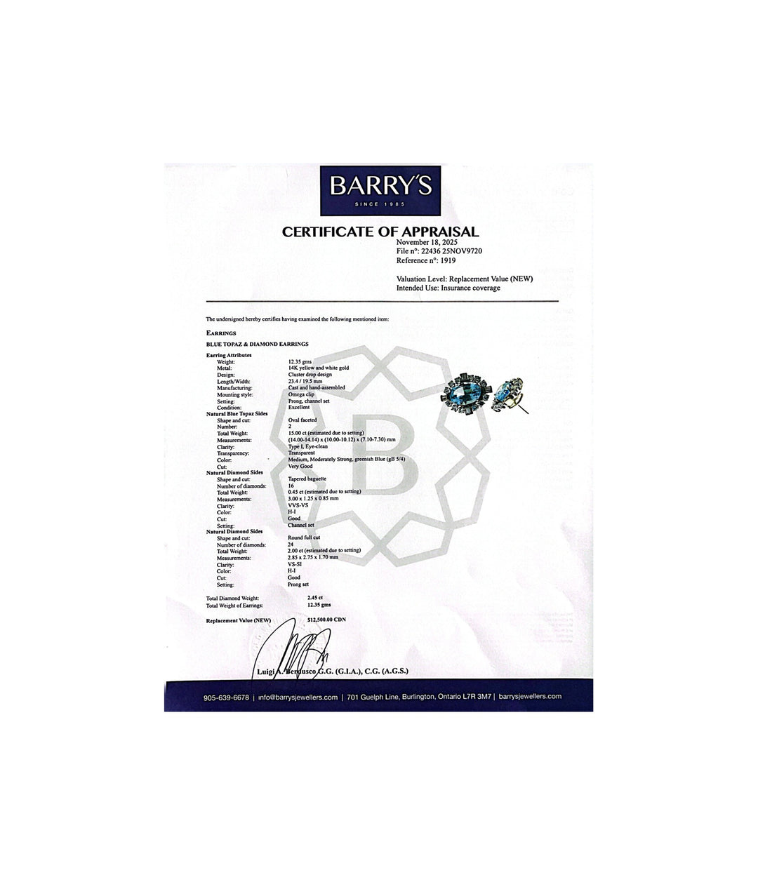14kt Estate Blue Topaz Diamond Earrings