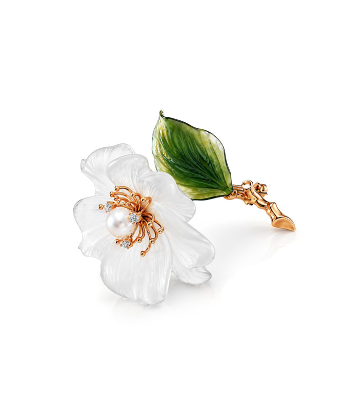 14kt Estate Rock Crystal, Jade & Diamond Brooch