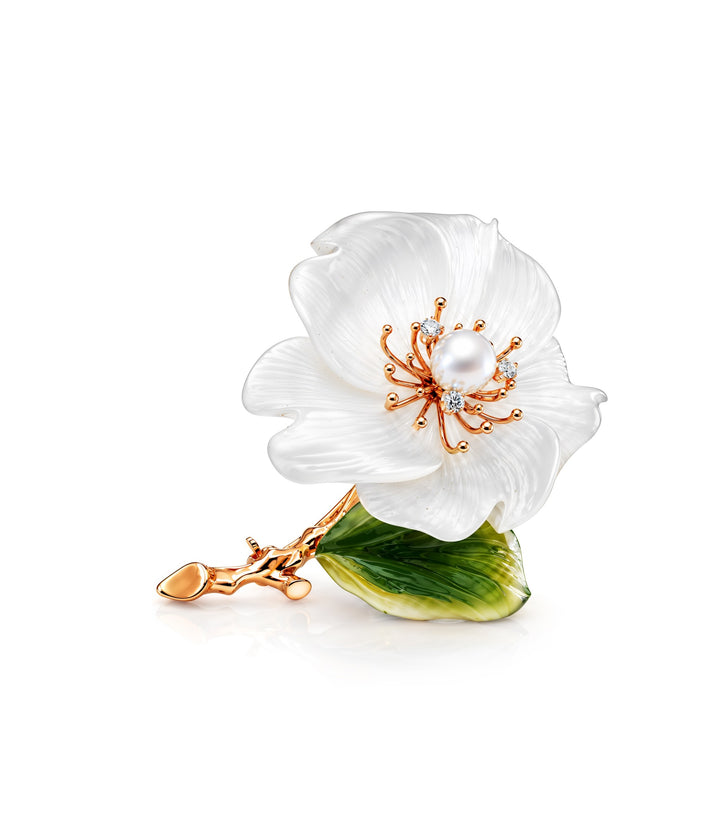 14kt Estate Rock Crystal, Jade & Diamond Brooch