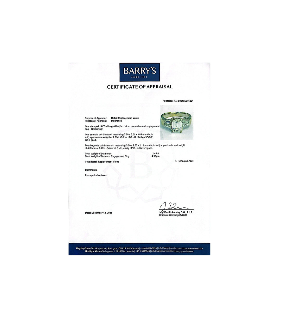 14kt White Gold Emerald Cut Diamond Ring