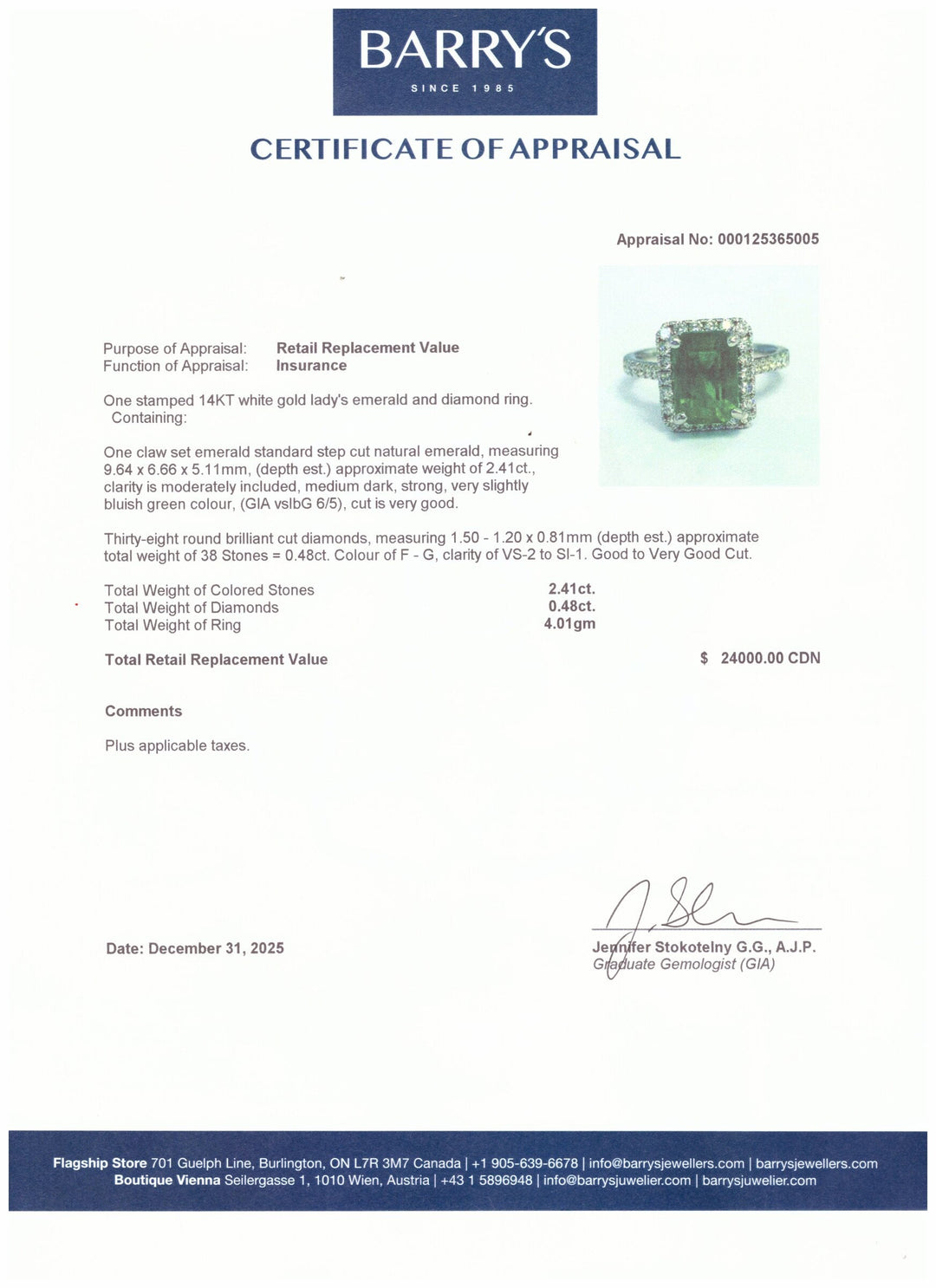 14kt White Gold Emerald Diamond Ring