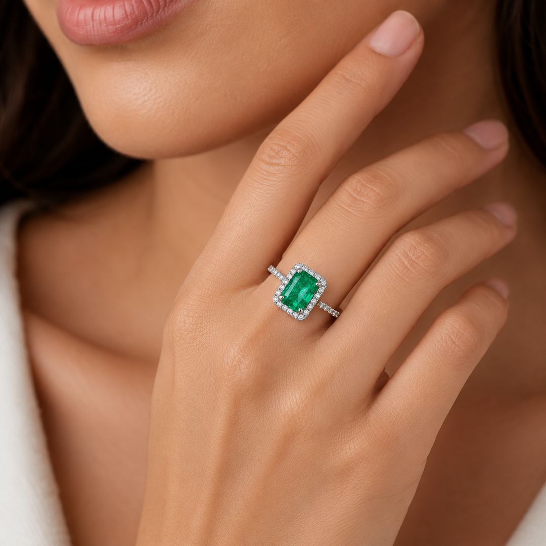 14kt White Gold Emerald Diamond Ring
