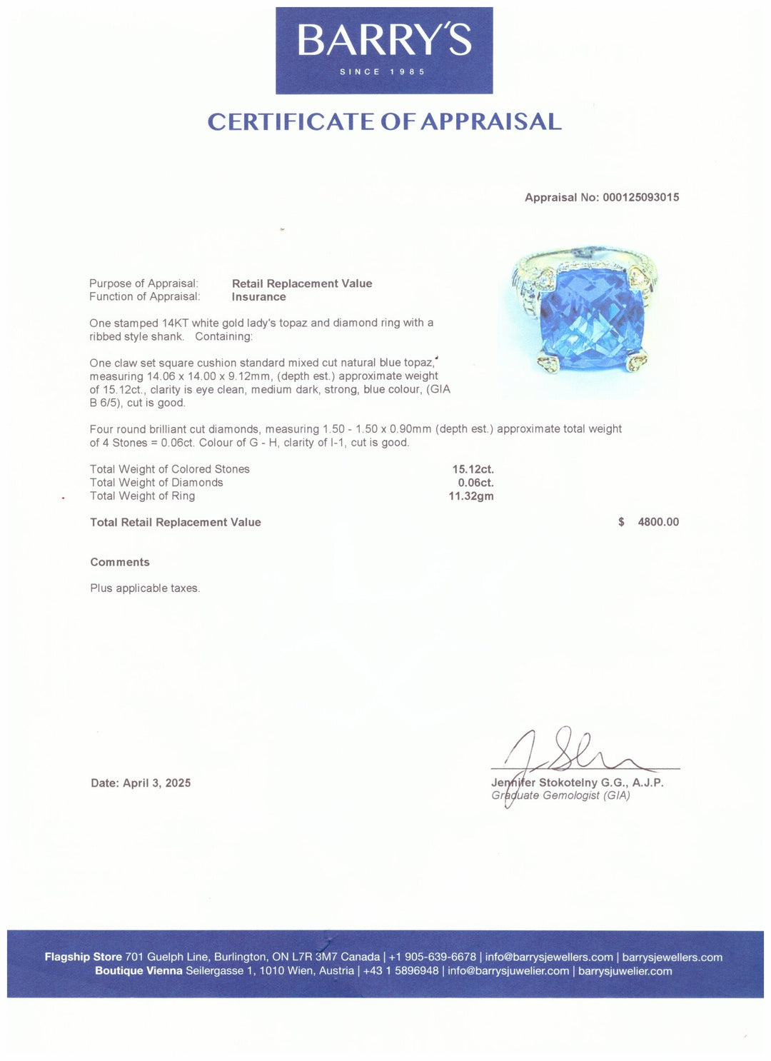 14kt White Gold Estate Blue Topaz Diamond Ring