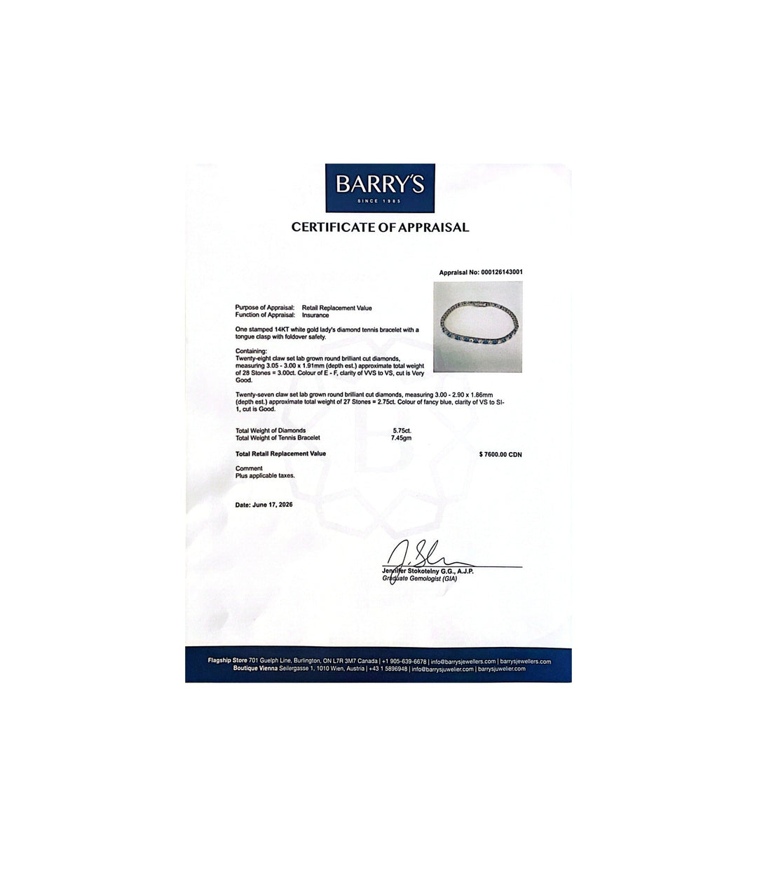 14kt White Gold Lab Grown Blue & White Diamond Bracelet
