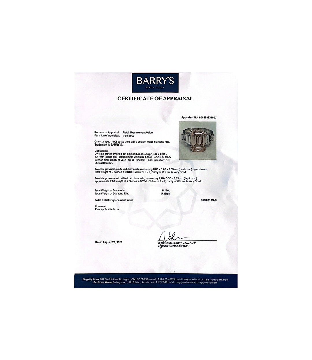 14kt White Gold Pink Lab Grown Emerald Cut Diamond Ring