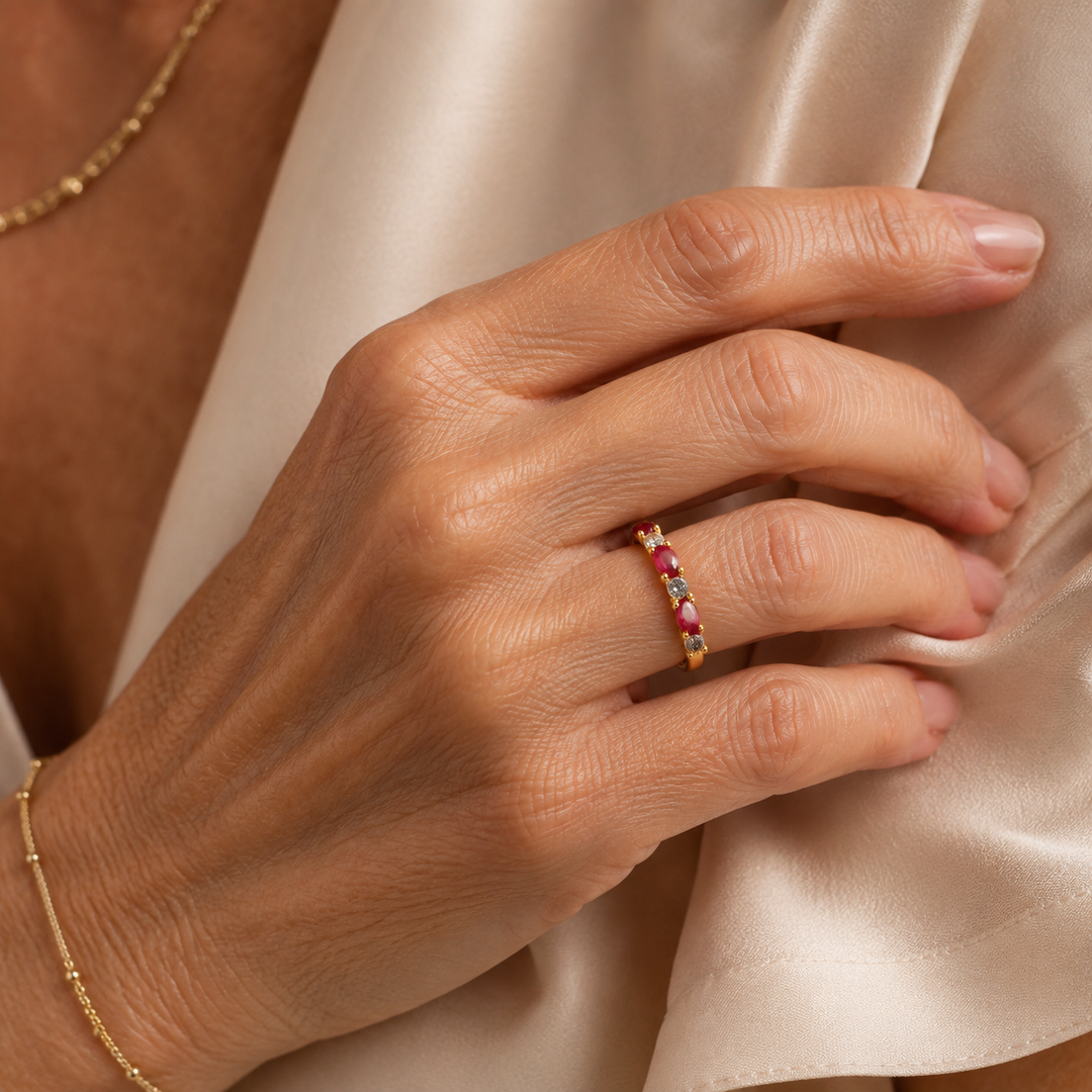 14kt Yellow Gold Ruby Maple Leaf Diamond Ring