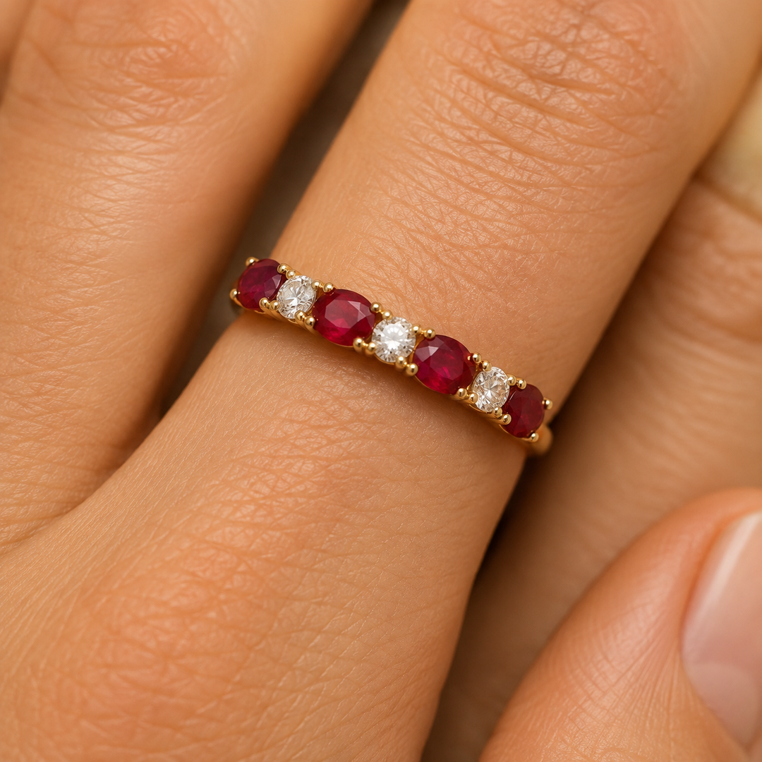 14kt Yellow Gold Ruby Maple Leaf Diamond Ring