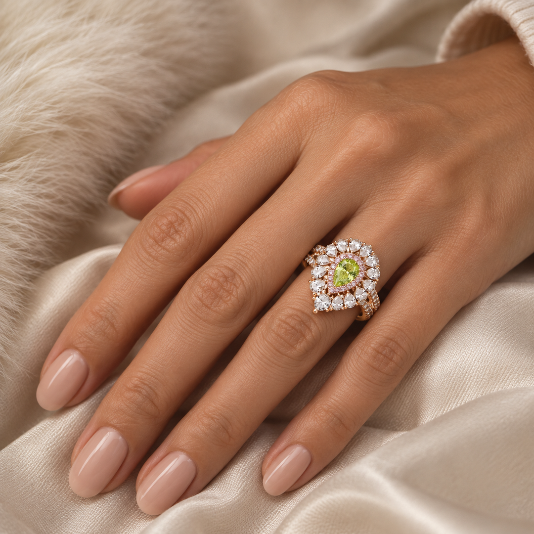 18kt Rose Gold Green Pink & White Diamond Ring/Pendant