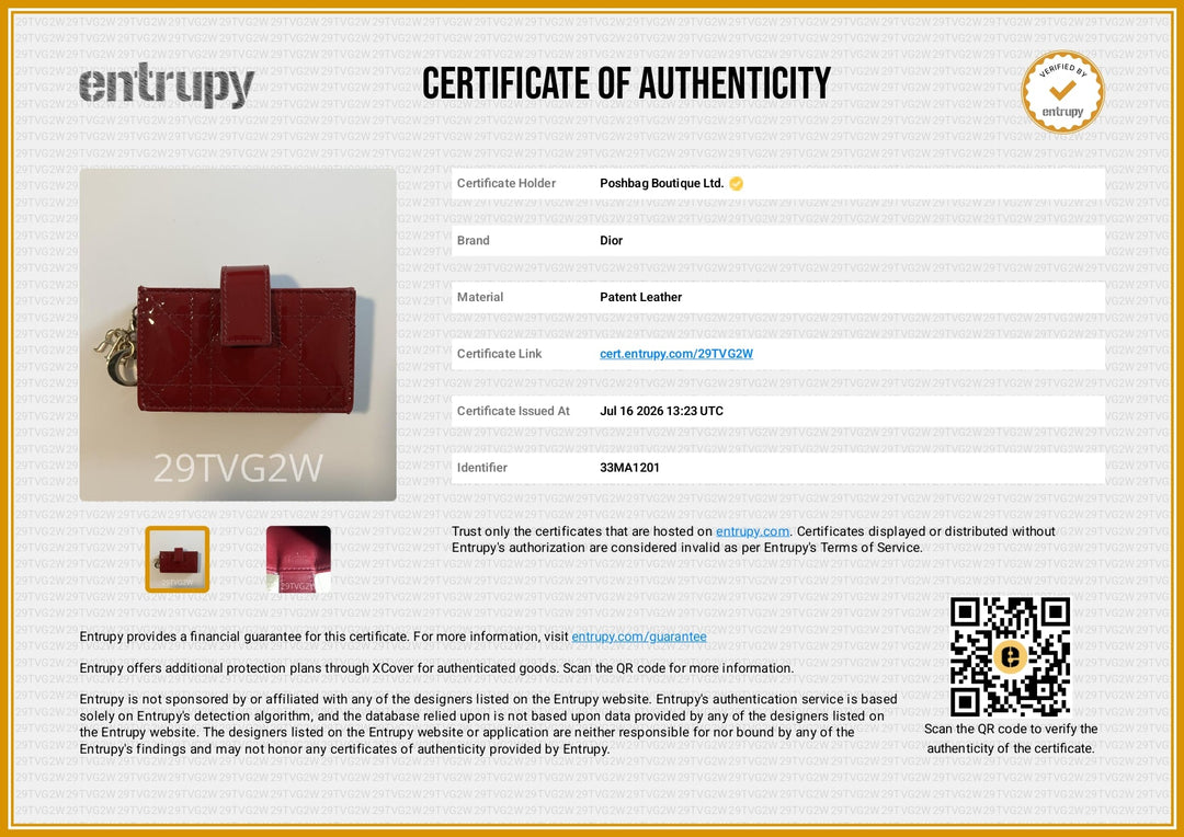 A CertiFai authenticity certificate for a red leather accessory, showing the Entrupy brand logo, product details, a small photo of the red item, and a QR code on a white certificate template with a gold border.