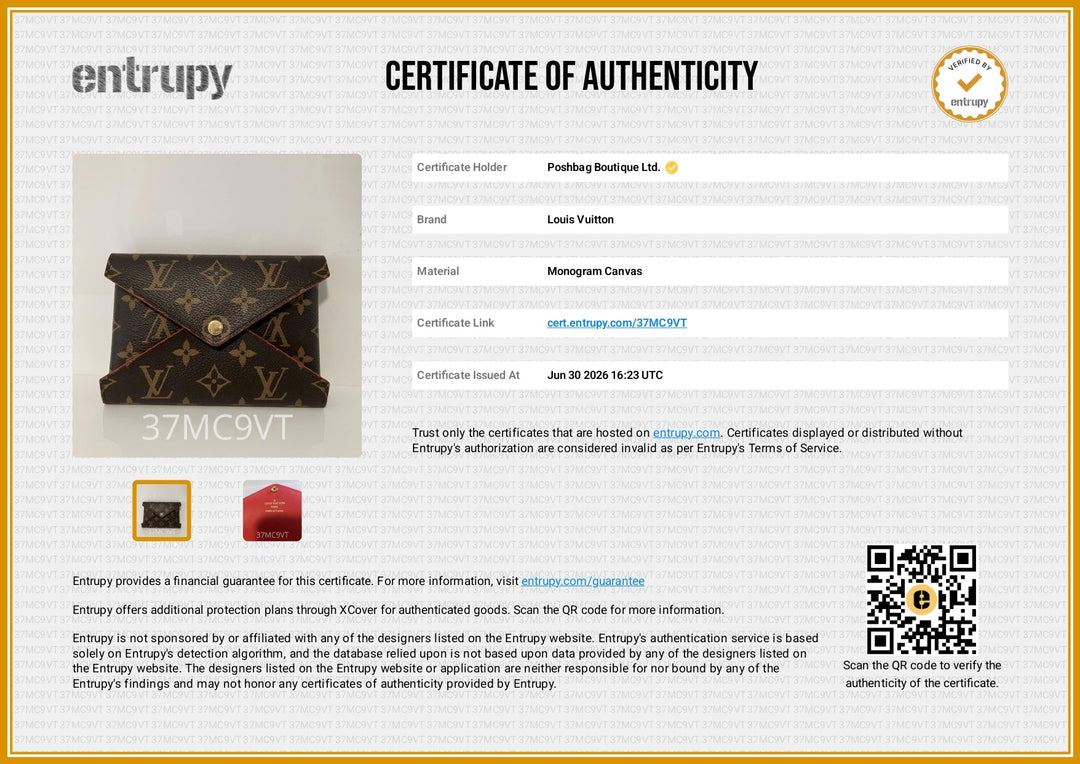 A certificate of authenticity document from Entrupy for Louis Vuitton Monogram Canvas, featuring a photo of a black Louis Vuitton monogram handbag, product details in a table, and QR codes on a white background with a gold border.
