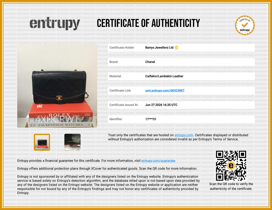 A certificate of authenticity document for a Chanel Kerchief in Lambdin Leather, featuring a black leather pouch on a red box, with brand details and QR codes on a white and beige background.
