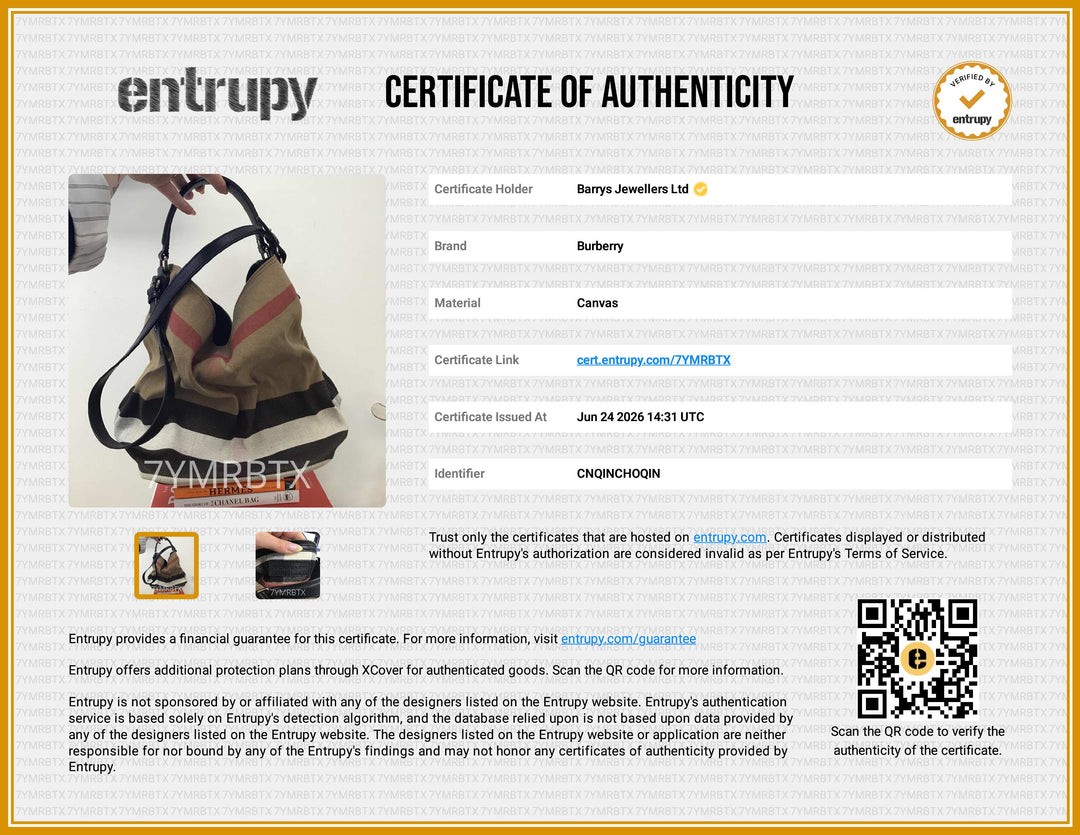 Entripy certificate of authenticity for a Bally handbag with QR code and branding details.