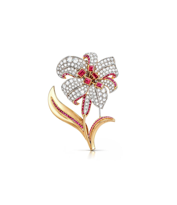 9kt Gold & Palladium Estate Ruby Diamond Brooch