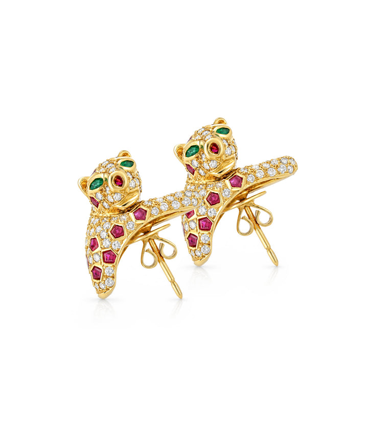 18kt Estate Panther Diamond and Gem Earrings