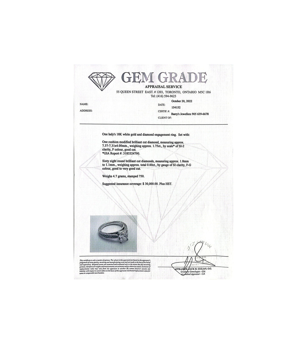 18kt White Gold Cushion Cut Diamond Ring
