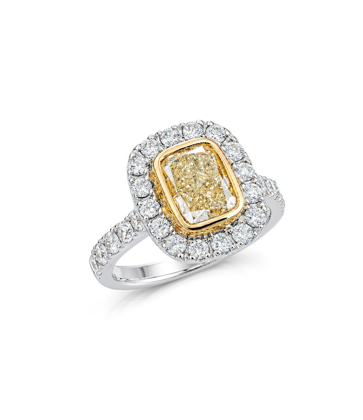 18kt White and Yellow Gold Cushion Cut Yellow Diamond Ring