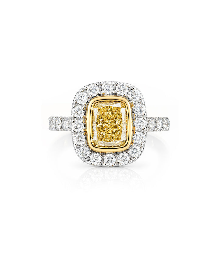 18kt White and Yellow Gold Cushion Cut Yellow Diamond Ring
