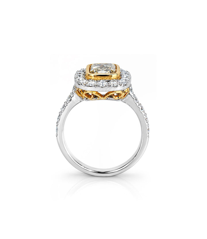 18kt White and Yellow Gold Cushion Cut Yellow Diamond Ring