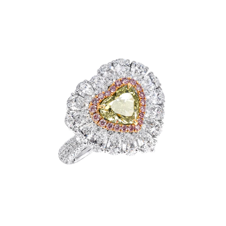 18kt White Gold Green Pink & White Diamond Ring