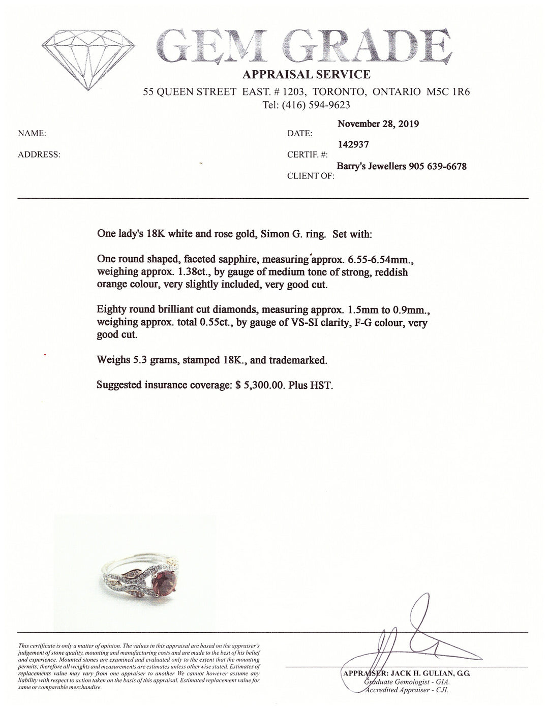 A. 18kt Simon G Orange Sapphire Diamond Ring