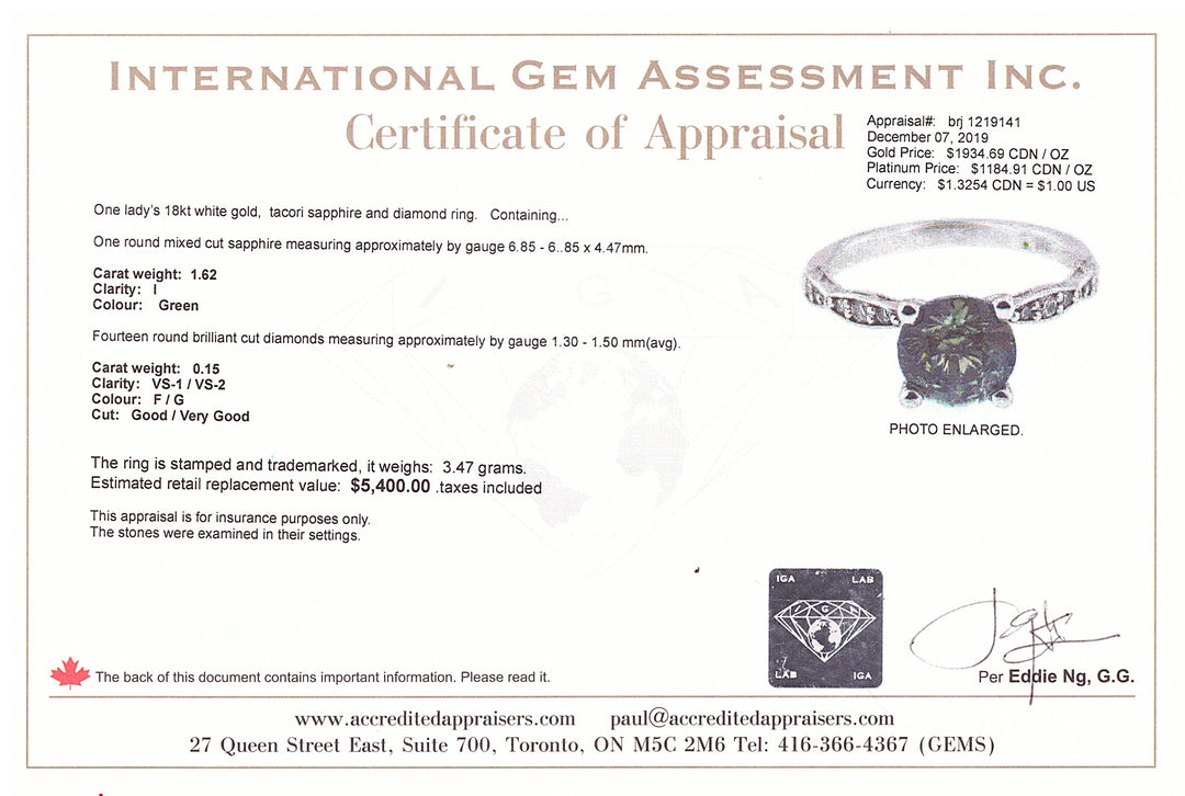 A. 18kt Tacori Green Sapphire Diamond Ring