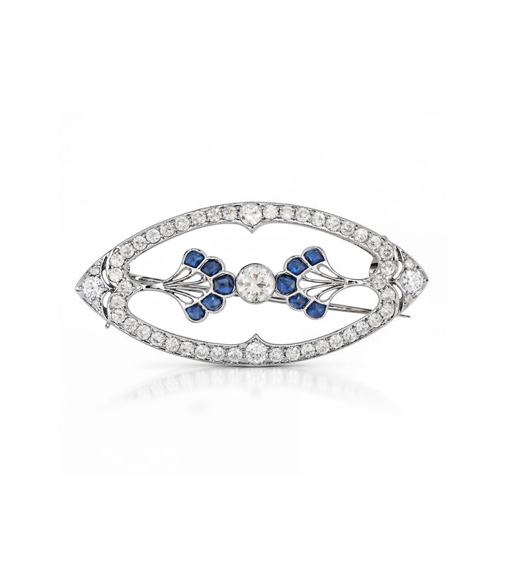 Estate Platinum Diamond and Sapphire Brooch