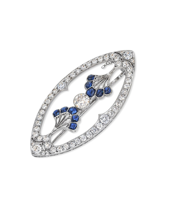 Estate Platinum Diamond and Sapphire Brooch