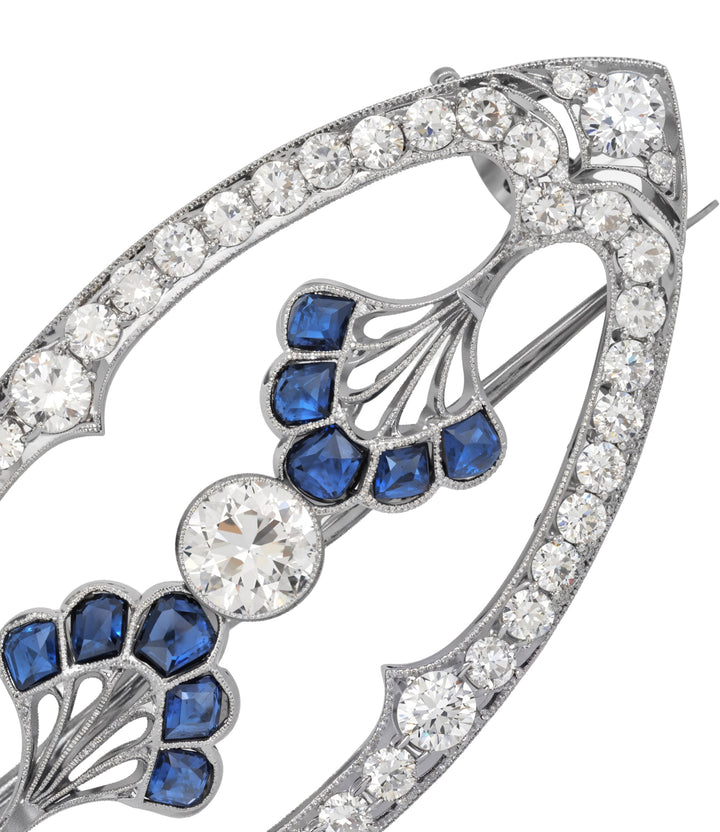 Estate Platinum Diamond and Sapphire Brooch
