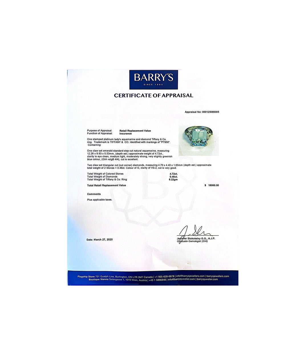Estate Tiffany & Co. Platinum Aquamarine and Diamond Ring