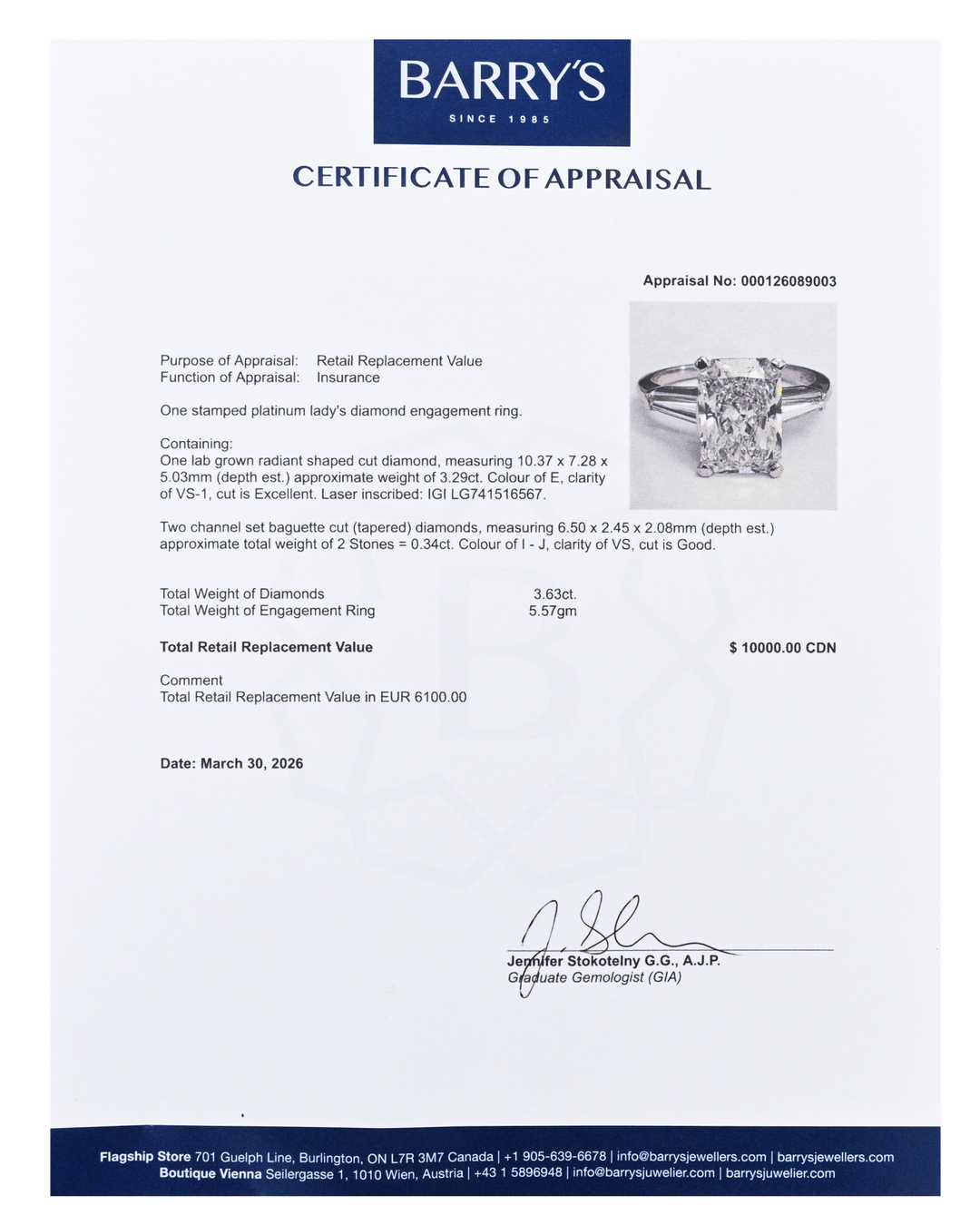 Platinum Radiant Lab Grown Diamond Ring