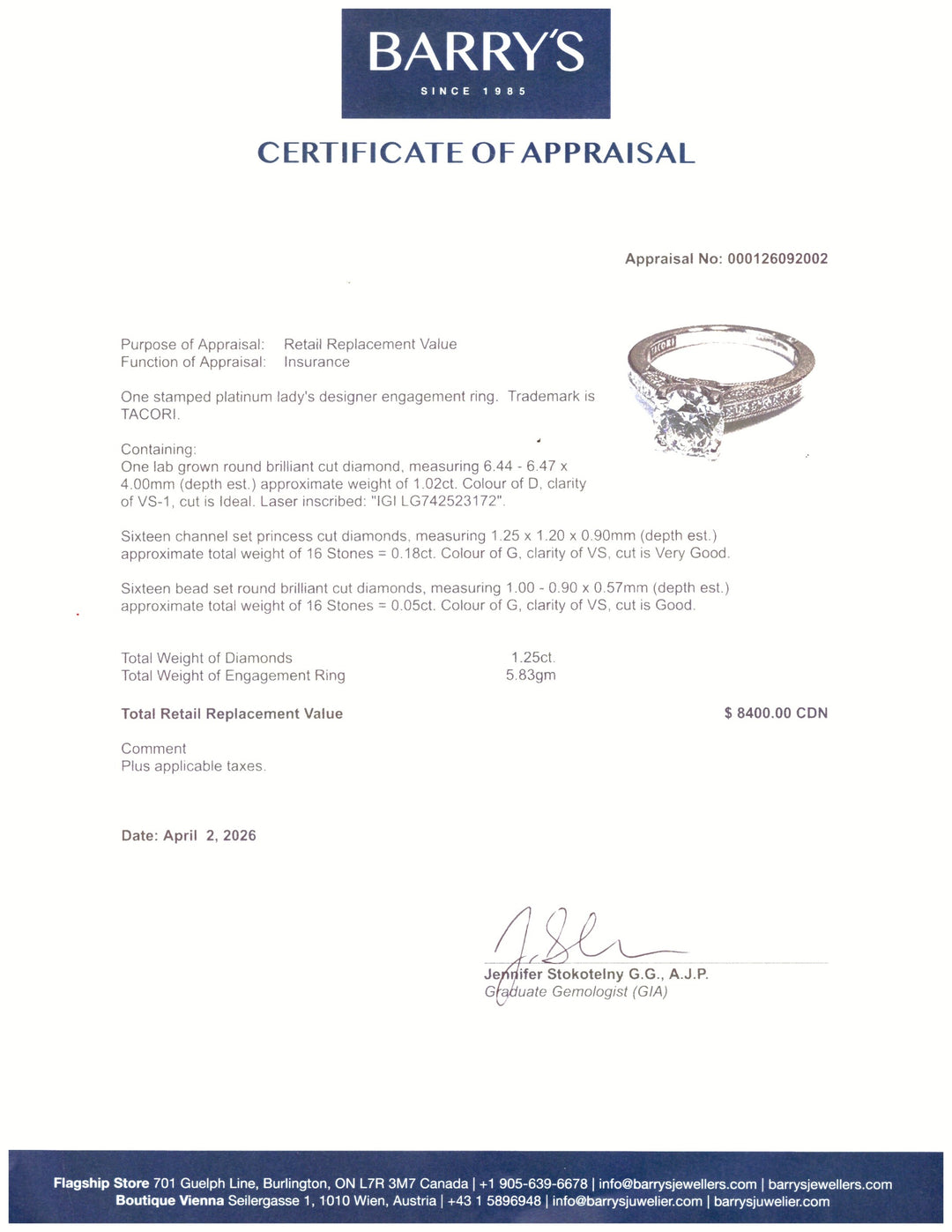 A. Platinum Tacori Lab Grown Diamond Ring