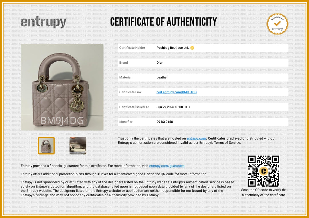 A Certiﬁcate of Authenticity document for a quilted leather handbag. The left side shows a product photo of a dark brown quilted leather bag with gold-tone hardware.