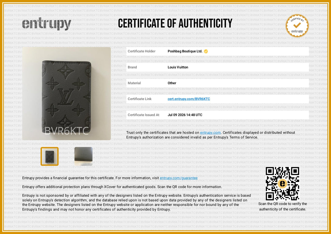 A certificate of authenticity document from Entrupy for a Louis Vuitton monogrammed wallet. The certificate features a black monogrammed wallet with an embossed LV logo, a gold circular seal, and a QR code, presented on a white background with a gold border.