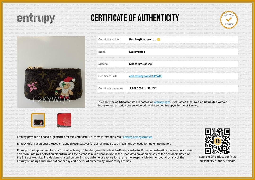 A certificate of authenticity document from Entrupy for the Frukbag Boutique Ltd. Louis Vuitton Monogram Canvas bag, featuring a product photo of a black monogram canvas bag with pink floral accents, alongside QR codes and certification details.