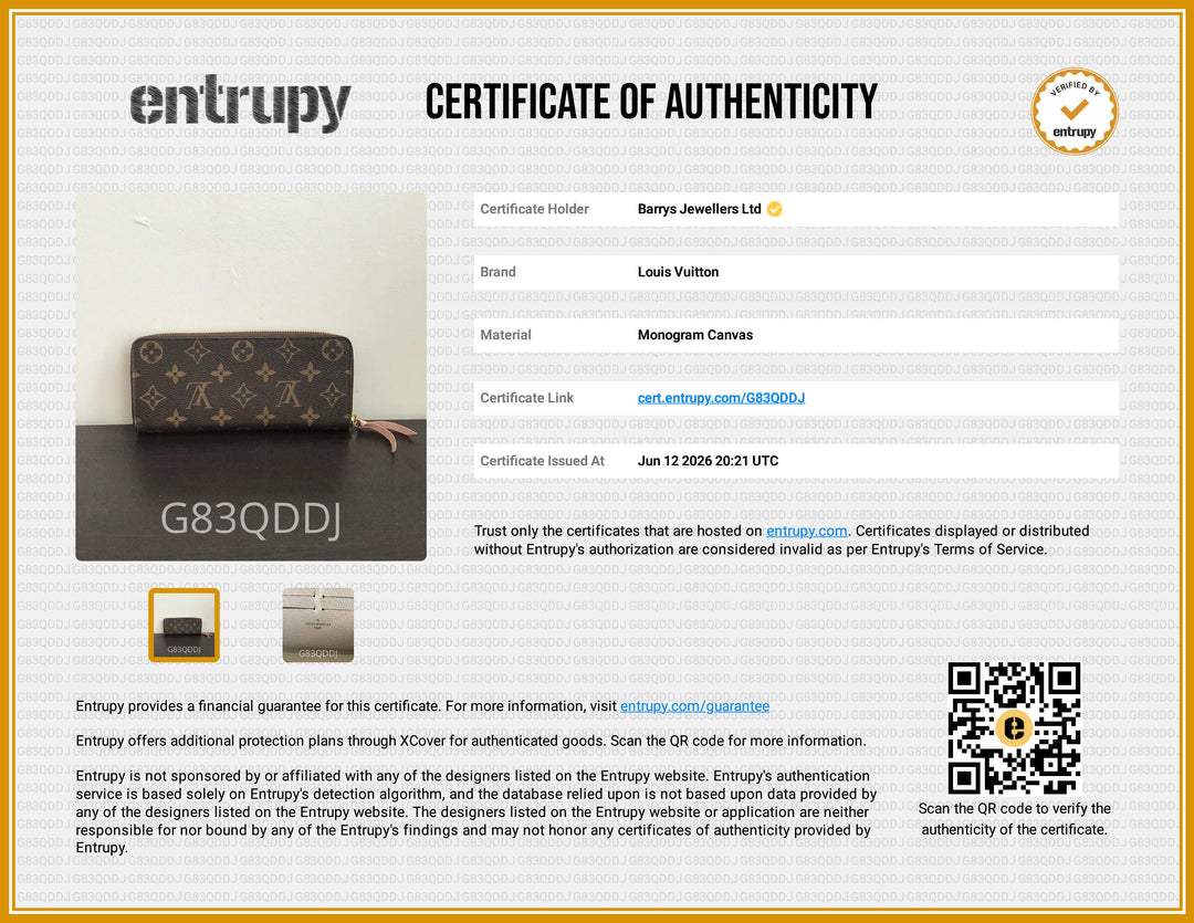 A certificate of authenticity document from Entrupy for Louis Vuitton monogram canvas, featuring a gold and brown Louis Vuitton monogram pouch, a small gold ring, and product details on a white background with a gold border.