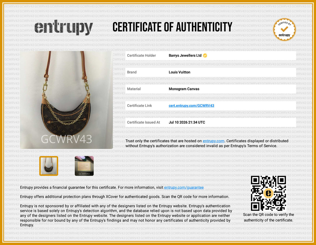 A certificate of authenticity document for a Louis Vuitton monogram canvas shoulder bag, showing the bag, product details, a QR code, and Entropy authentication branding on a white and gold background.