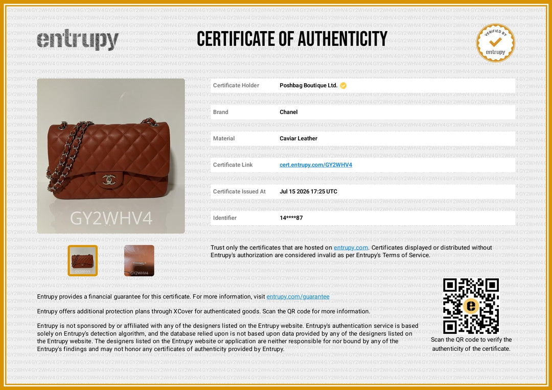 A Chanel quilted brown leather certificate of authenticity card from Entrupy, featuring a photo of the brown bag, product details, a QR code, and a gold seal on a white background with a gold border.