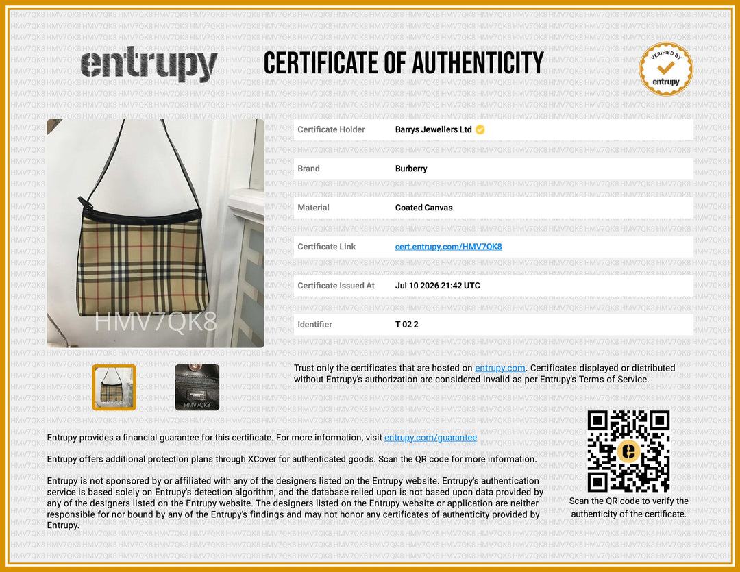 A certificate of authenticity document for a Burberry coat, featuring a large photo of a brown plaid coat, product details in a table, QR codes, and the Entrupy brand logo.