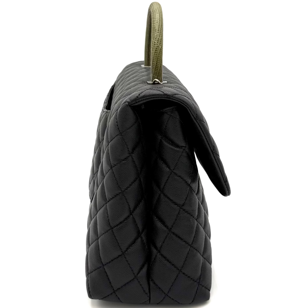 Black Coco Handle Medium Caviar Leather and Lizard Handle Bag