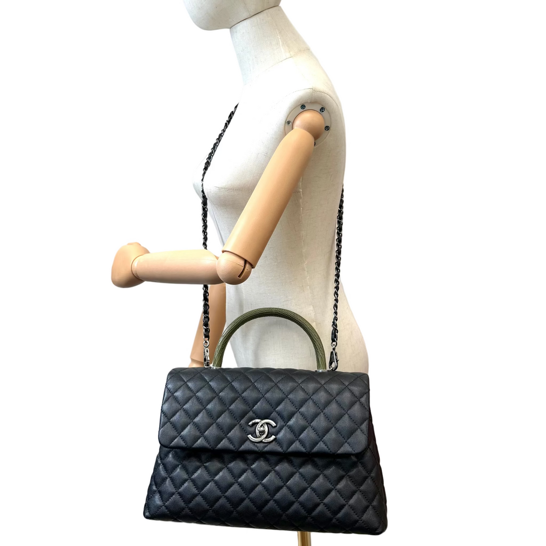 Black Coco Handle Medium Caviar Leather and Lizard Handle Bag