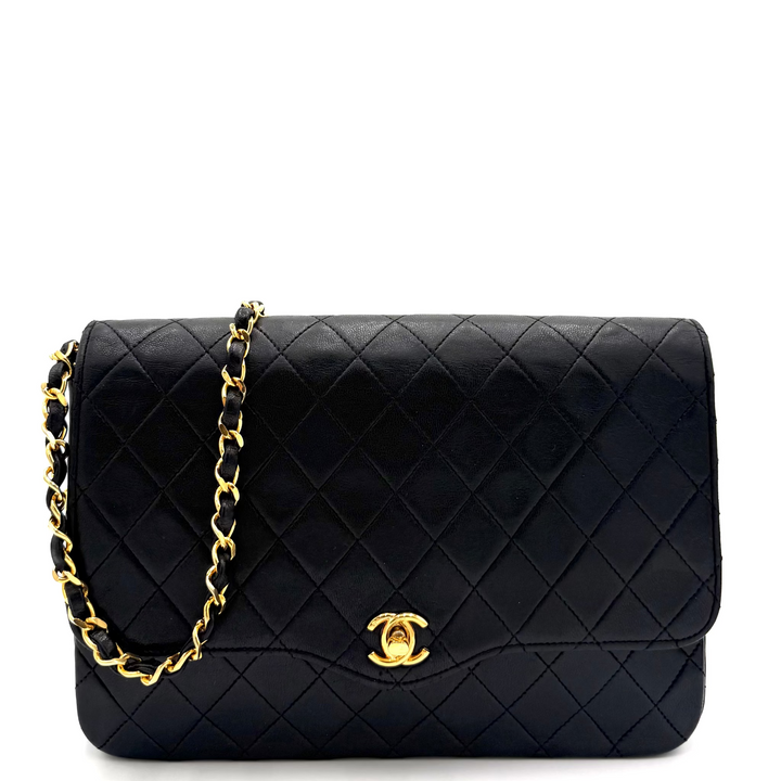 Vintage Quilted Black Leather 3/4 Flap Shoulder Bag