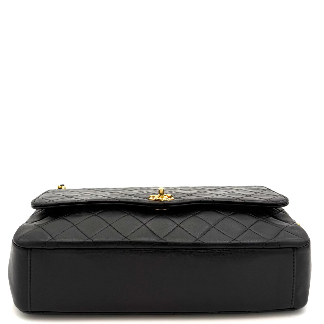 Vintage Quilted Black Leather 3/4 Flap Shoulder Bag