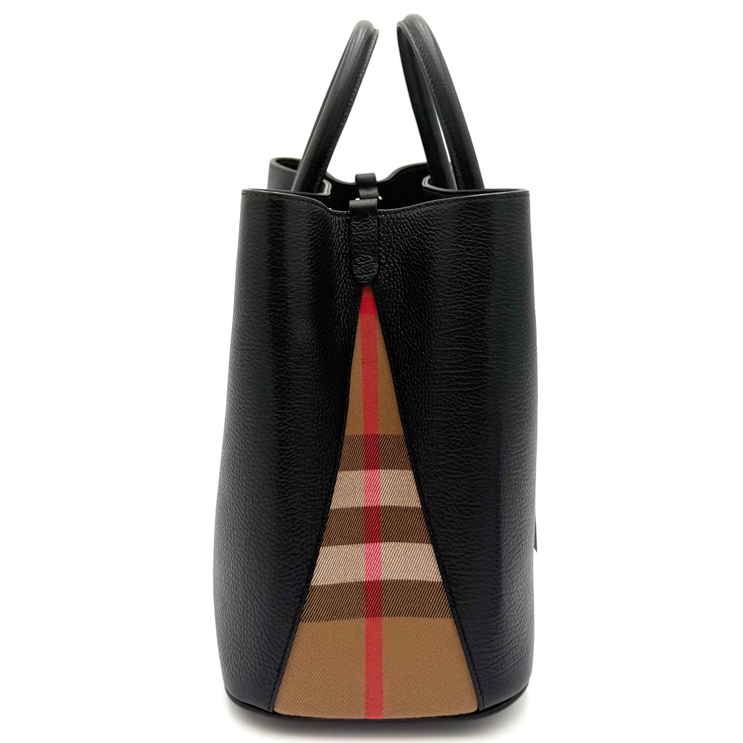 Bermondsey Black Leather Tote with Canvas House Check Side Panels