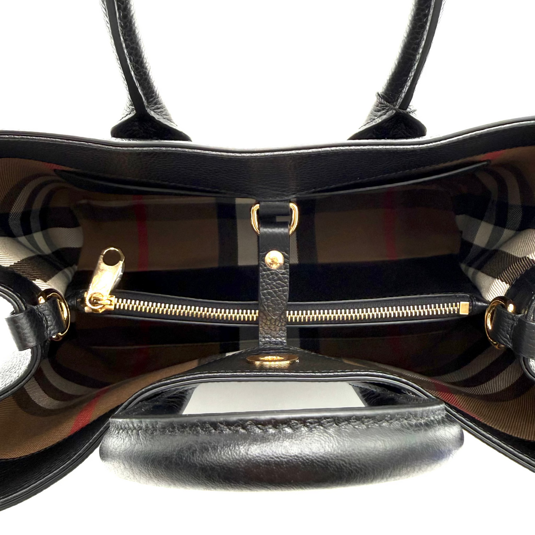 Bermondsey Black Leather Tote with Canvas House Check Side Panels