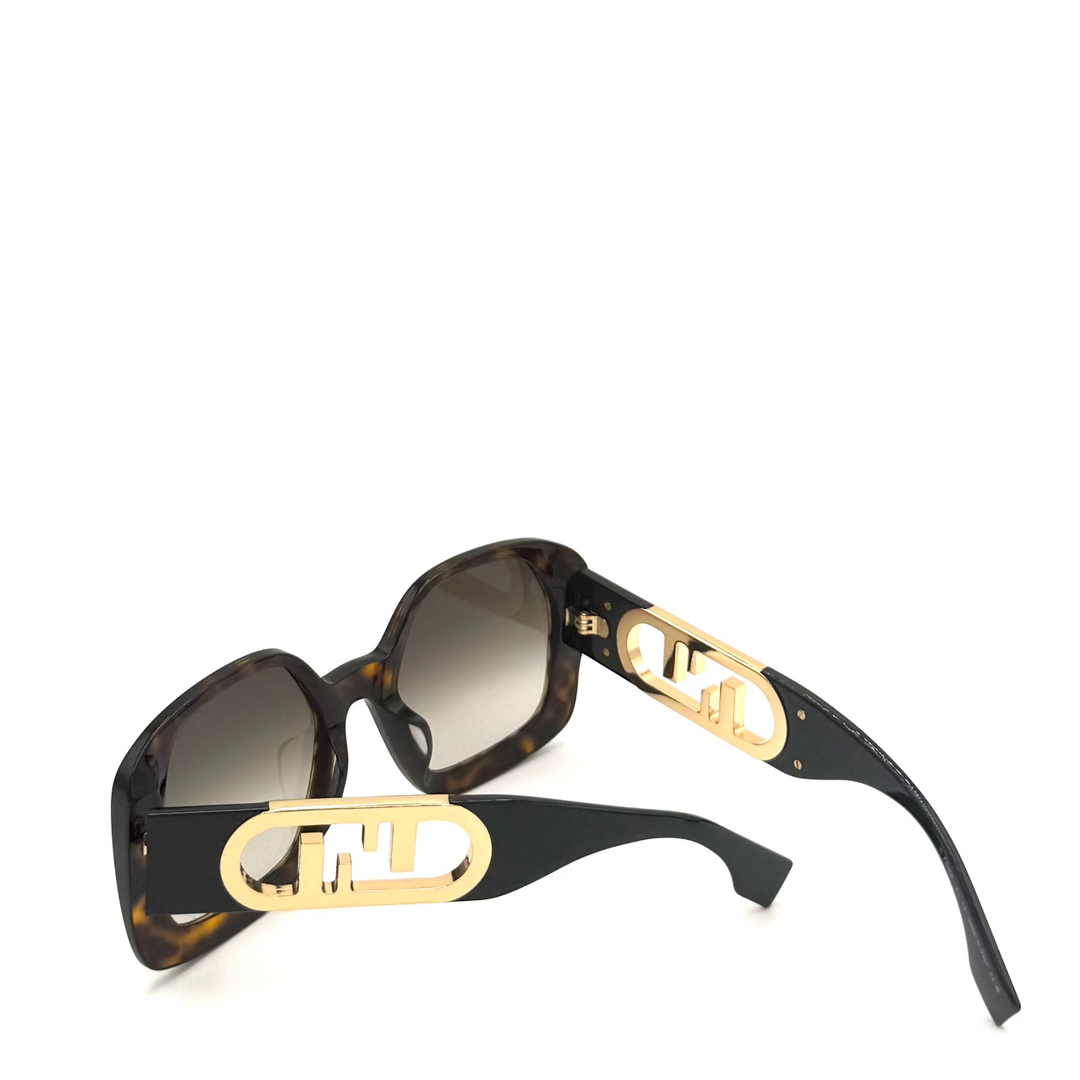 A pair of designer sunglasses featuring a black and brown tortoiseshell acetate frame with prominent gold-tone metal hardware on the temples, set against a plain white background.