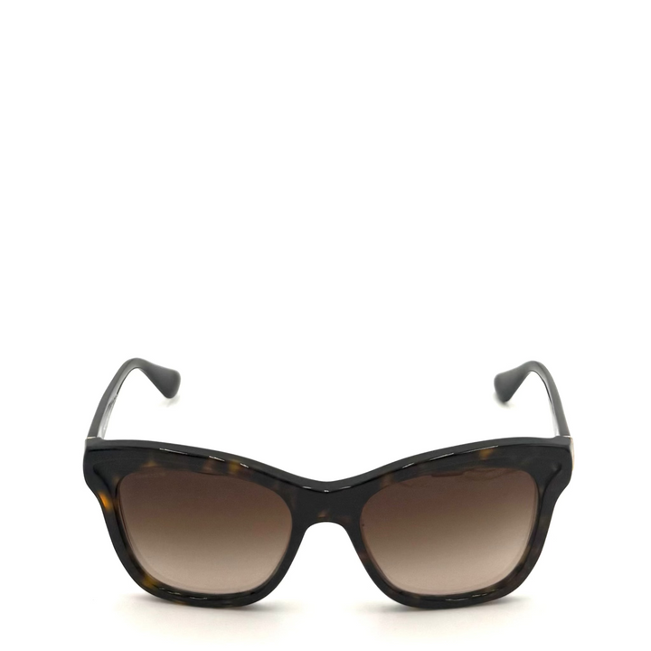 A pair of women's cat-eye sunglasses with a glossy dark brown and black tortoiseshell frame and gradient brown lenses, shown against a plain white background.