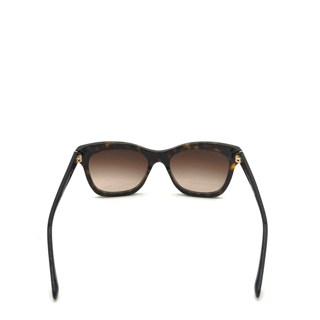 A pair of square-frame sunglasses with dark brown gradient lenses and black temples, photographed from the back against a bright white background.