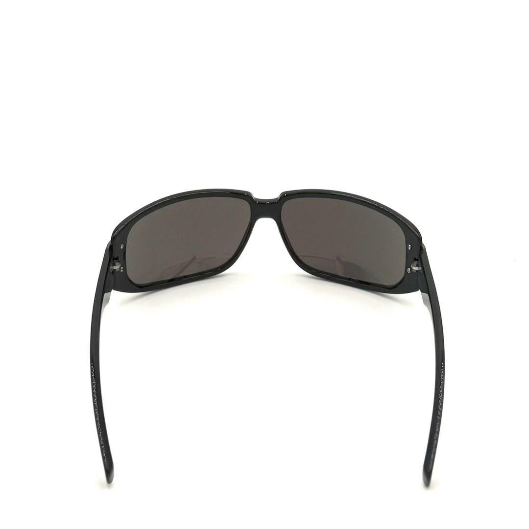 Black sunglasses with dark tinted lenses, shown from the back on a solid white background.