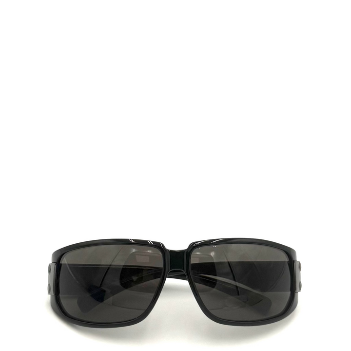 Black square sunglasses with dark tinted lenses, shown from the front on a plain white background.