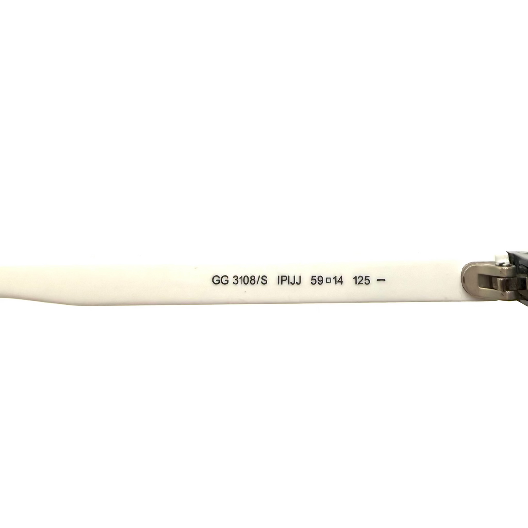 Close-up of a white or off-white sunglass arm with black printed specifications ('GG 3108/S IPLJ 59°14' 125') and a dark metal hinge on the right side, shown against a plain white background.